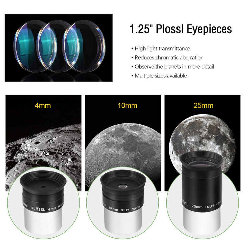 Astromania Multi Coated 1.25-Inch Plossl Eyepiece Set (4mm, 10mm, 25mm) with 2X Barlow Astronomical Telescope Accessory Kit - Let You Get The Most Out and Enhances Performance of Your Telescope - Image 2